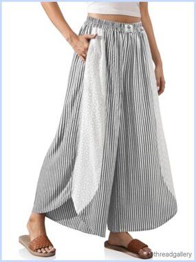 Wide Leg Striped Boho Palazzo Pants with Lace Panel Elastic Waist